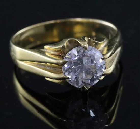 An 18ct gold claw set solitaire diamond ring, size S.